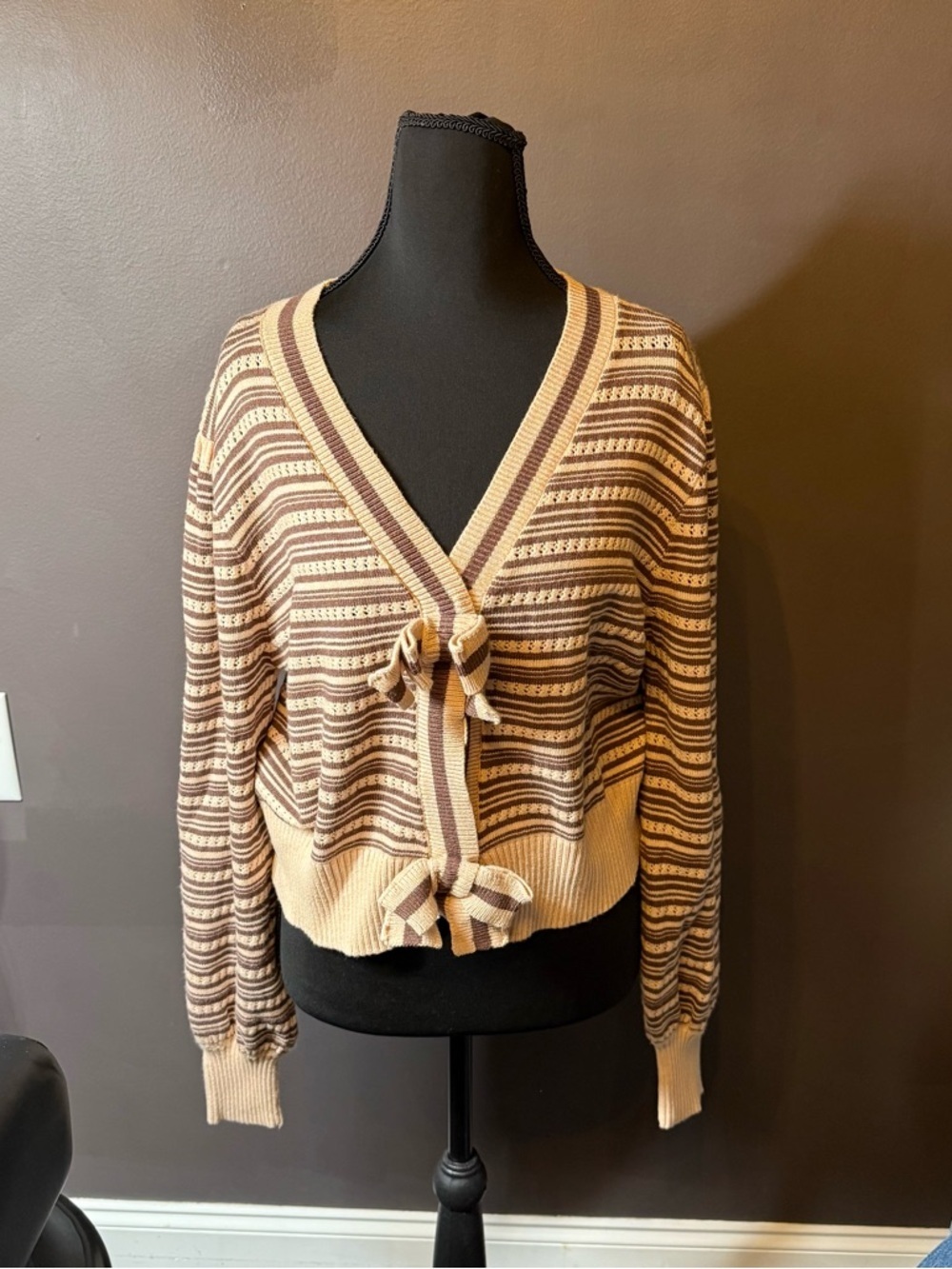 She + Sky Striped Tie-Front V-Neck Sweater Cardigan - Beige and Brown